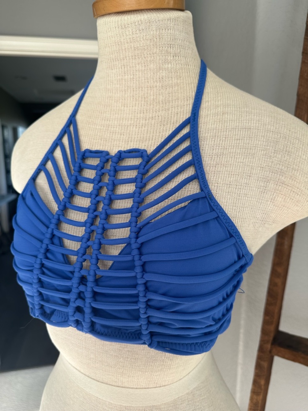 BECCA royal blue Swim Top with corded detail, size large